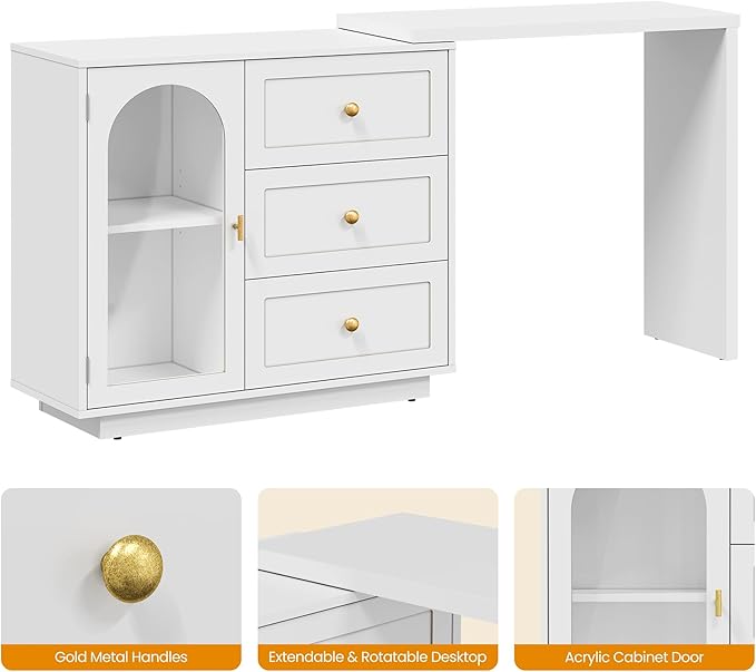 RoyalCraft L Shaped Home Office Desk Extendable and Rotatable Desk with 3 Drawers and Door Corner Computer Desk Modern Study Writing Table for Bedroom Home Office White