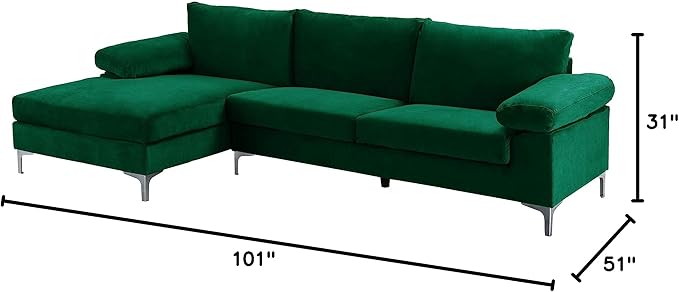 Casa Andrea Milano Modern Large Velvet L-Shape Sectional Sofa with Extra Wide Chaise Lounge Couch