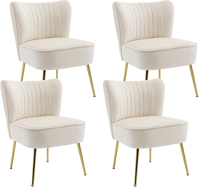 KCC Modern Velvet Upholstered Accent Chair Set of 4Mid Century Living Room Chairs with Golden LegsComfy Armless Chair Wingback Single Sofa Side Chair for BedroomBeige