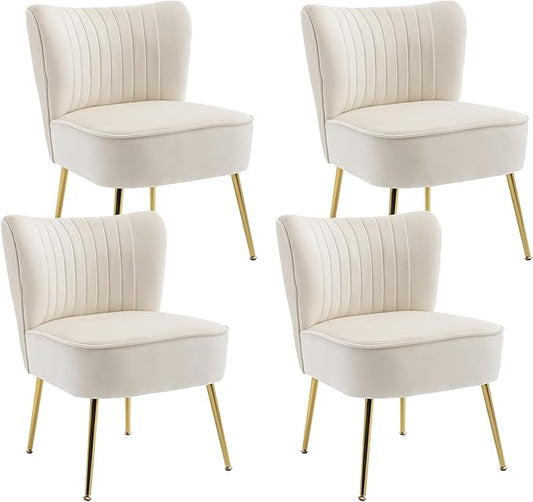 KCC Modern Velvet Upholstered Accent Chair Set of 4Mid Century Living Room Chairs with Golden LegsComfy Armless Chair Wingback Single Sofa Side Chair for BedroomBeige