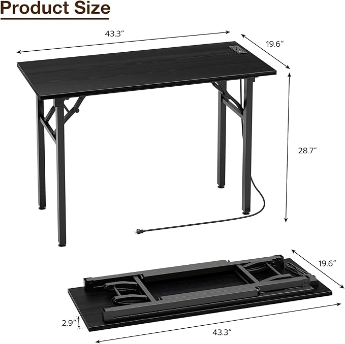 TEMI Small Computer Desk Folding Table - No Assembly Compact 44.3 Foldable Desk with Power Outlets &amp USB Charging Port Portable Small Office Desk Ideal Mini Study Table Dark Oak