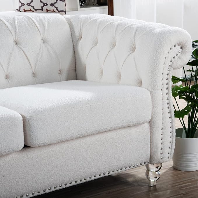 84 Modern Chesterfield Fabric Couch Rolled Arm Tufted Back 3 Seater Sofa Upholstery Nailhead Trim Couches for Living Room Office (White)