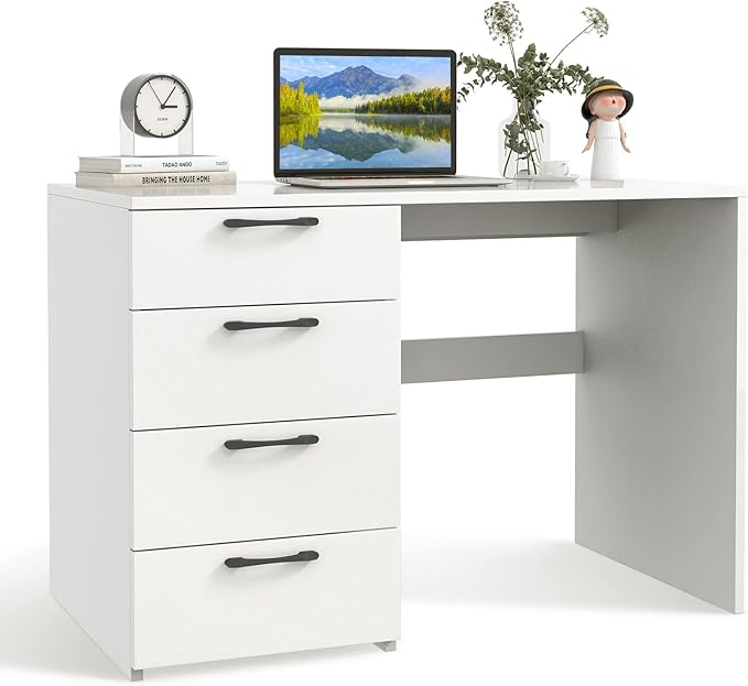 Giantex White Computer Desk with 4 Large Drawers Home Office Laptop PC Desk Writing Table Modern Computer Workstation for Bedroom Study Room