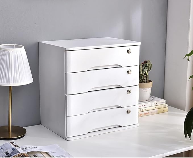 Solid Wood Storage Box - File Cabinet A4 Flat File Cabinet with Lock Desktop Drawer Storage Cabinet Wooden Storage Box Desk Organizers with Lock (4 Layer)