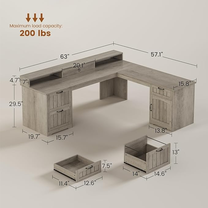SEDETA 63 L Shaped Desk with Drawers Farmhouse Corner Computer Desk Wood Office Desk with File Drawers with Storage Executive Desk with Monitor Stand and Storage Cabinet Grey