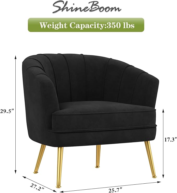 Velvet Accent Chair for Living Room Bedroom Office - Upholstered Single Sofa Arm Chair With Metal Legs - Comfy Reading Leisure Club Coffee Chair - Black