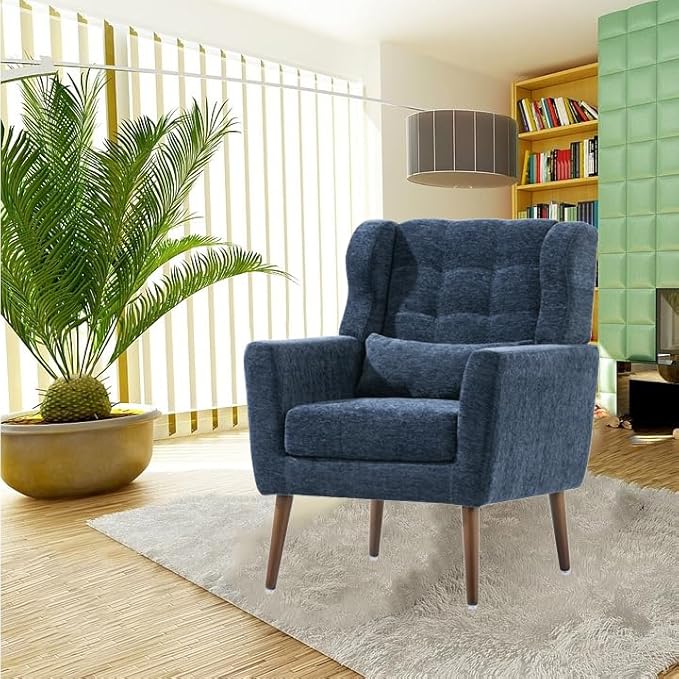 Modern Accent Chair Chenille Armchair for Living Room Upholstered Lounge Chair with Pillow Solid Wood Legs (Dark Blue)