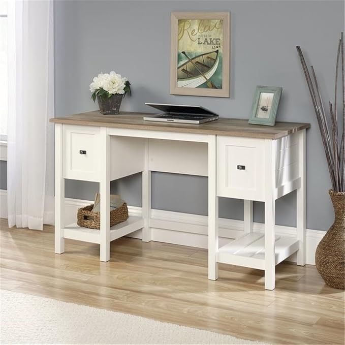 Scranton &amp Co Contemporary Wood Computer Desk Soft White and Lintel Oak Finish 30 in H x 53.9 in W x 19.4 in D File Drawer 2 Storage Drawers Shelves Cottage Style Home Office Desk