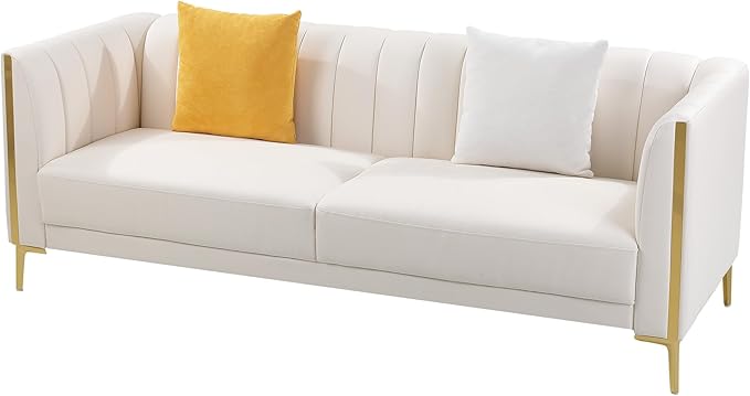 FOTOSOK White Leather Couch Sofa Office Couches 78'' Apartment Faux Leather Sofa with 2 Throw Pillows &amp Gold Metal Legs Waterproof 3 Seater Couches for Small Living Room Luxury Cloud Sofa