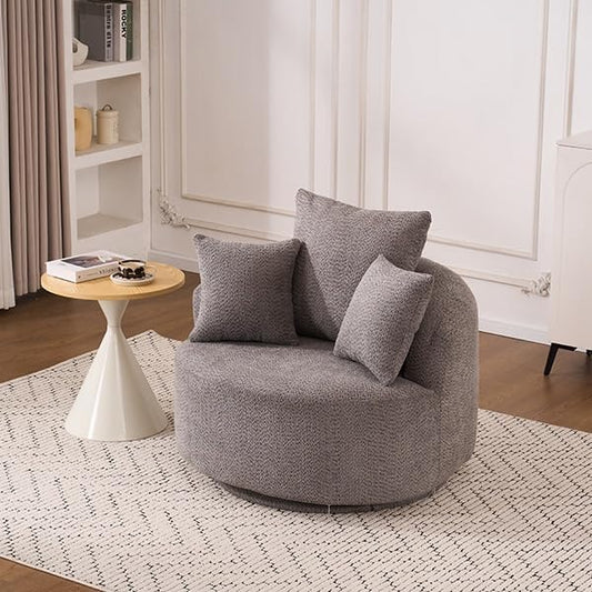 Modern 39 Swivel Barrel Chair Comfy Boucle Upholstered Accent Chair with 360° Rotation Single Sofa with 3 Pillows Ergonomic Design for Living Room Bedroom Office Gray