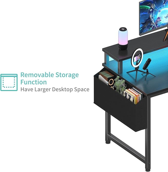 Lufeiya Black Gaming Desk with LED Lights and Power Outlets 40 Inch Teen Writing Study Table Home Office Desks with Monitor Stand Computer Desk with Charging Station USB Port Black