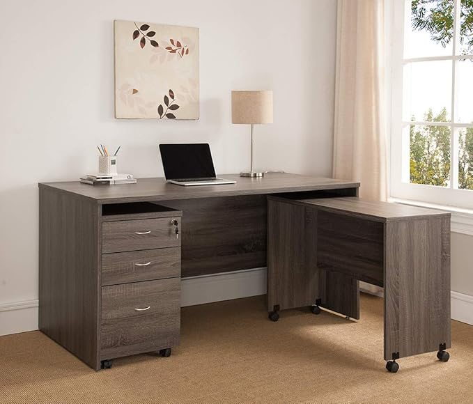 Wooden Mobile Computer Desk Distressed Grey Finish - Home Office Desk on Wheels