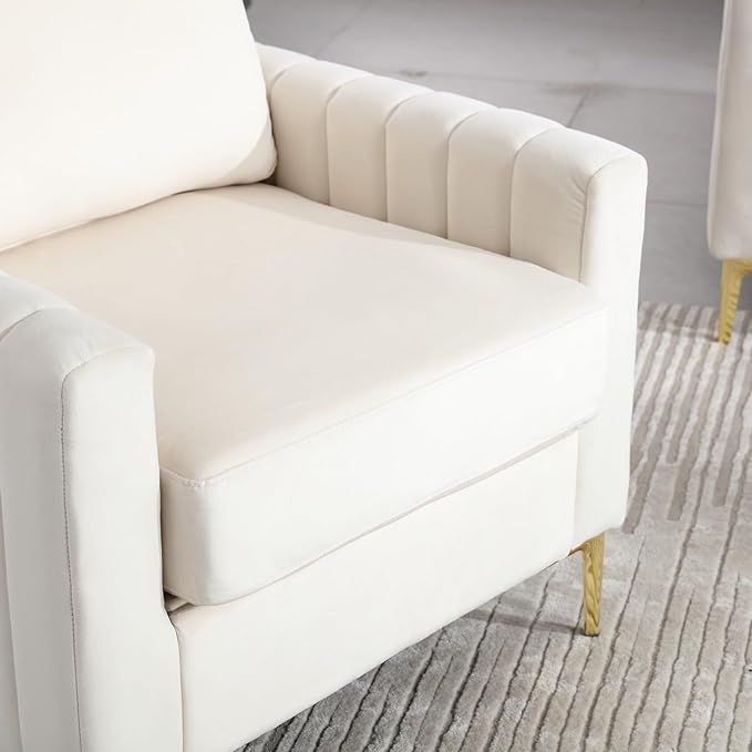 Velvet Accent Chairs Set of 2 Mid Century Modern Side Sofa Chair Comfy Upholstered Arm Chairs Living Room Set Furniture Bedroom Waiting Room Office with Gold Legs (Beige)