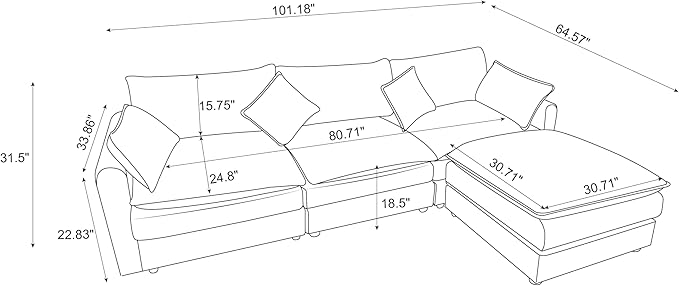 kevinplus 101'' Modular Sectional Sofa Couch L-Shaped with Convertible Ottoman for Living Room Modern Contemporary 3-Seat Fabric Sofa Couch Thick Cushion Green