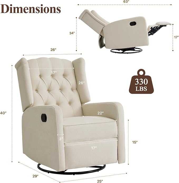 360 Swivel Rocker Recliner Chair for Adults Nursery Chair for Small Spaces Living Room Upholstered Fabric Glider Recliner Lvory