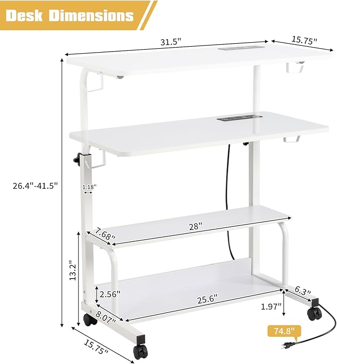 WEI WEI GLOBAL Adjustable Computer Desk with 3 USB Ports and 2 AC Outlets Standing Desk Adjustable Height Desks Computer Desk Writing Desk Mobile Laptop Desk Cart for Office Workspace White