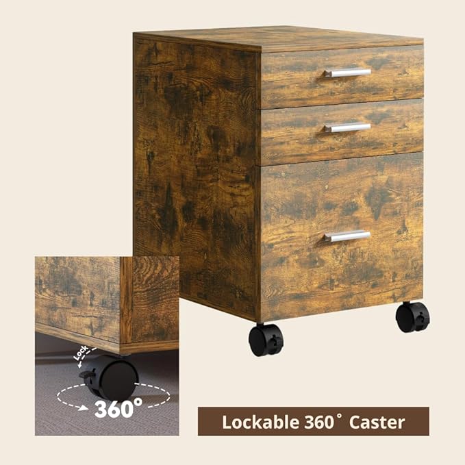3 Drawer File Cabinet with WheelsPre-Assembled Brown Wood OrganizerFits A4/Letter Size for Home OfficeMobile Printer Stand Storage19 L x 16 W x 22 H