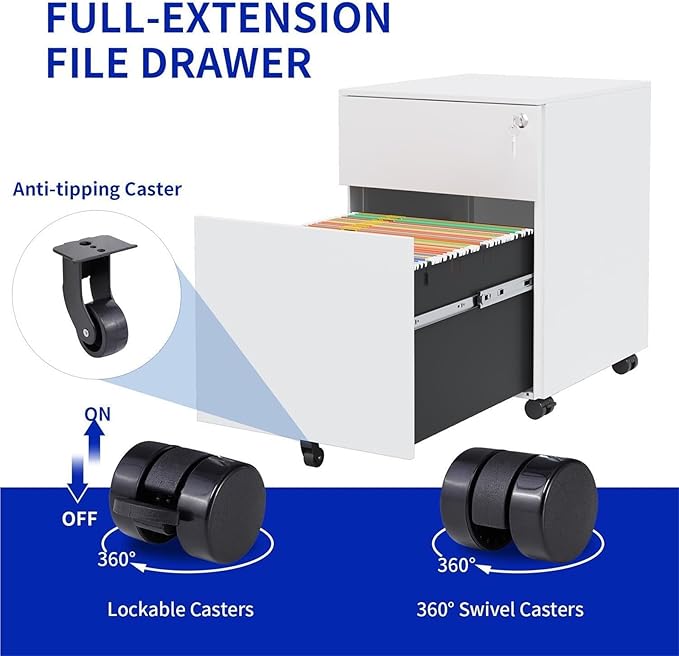 Mobile File Cabinet 2 Drawer Mobile File Cabinet with Lock Steel File Cabinet for Legal/Letter/A4/F4 Size Fully Assembled Except for Wheels