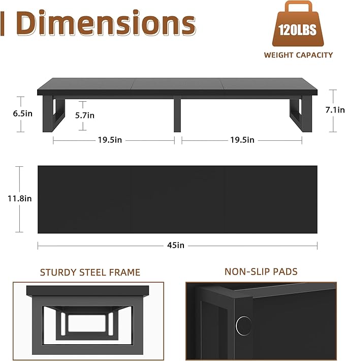 YAOHUOO 45 Large TV Riser for 32-60 inch TV TV Riser Stand Shelf with Steel Legs Tabletop TV Stand Riser for Home OfficeBlack