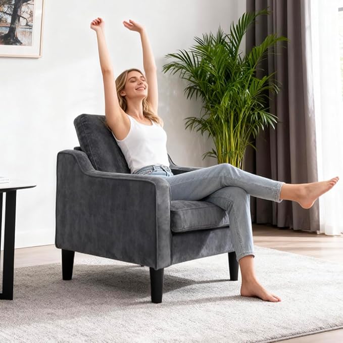 Accent Chair for Living Room Mid-Century Armchairs for Small Spaces Chenille Upholstered Comfy Reading Armchair with Studded for Bedroom (Grey-A)
