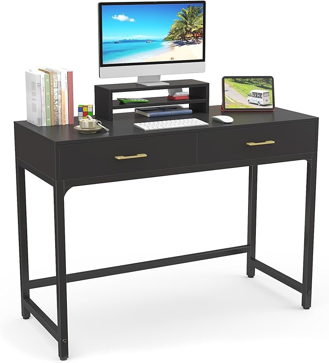 WESTREE Computer Gaming Desk Office - Study Writing Desk with Drawer for Teen Bedroom Makeup Desk Home Office Furniture with Storage Shelf Height Monitor Stand