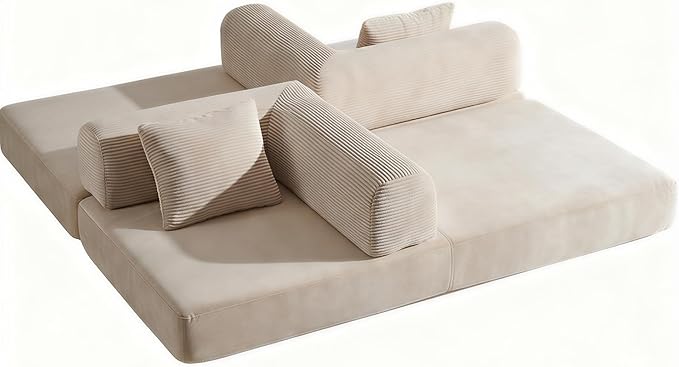 Convertible Sleeper Sofa Bed Folding Floor Mattress Couch with Fixed-Shape Frame Futon Boneless Couch Lounge Loveseat with Pull Out Bed No Assembly Required Beige White