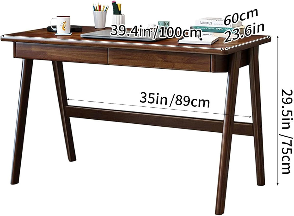 Wood Writing Desk with 2 DrawerHome Office Desk for Small Spaces Study Desk PC Table Workstation (Walnut 39.4x23.6x29.5)