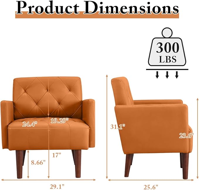 Leather Accent Chair Mid Century Modern PU Leather High Back Armchair for Living Room Chairs with Solid Wood Legs for Small Spaces Bedroom Office (Orange 29.1 x 25.6 x 31.1)