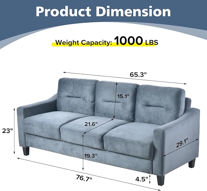Velvet Upholstered 3 Seater SofaMordern Couch with Tufted Strip Back Cushion for LivingroomApartmentOfficeBlue Grey