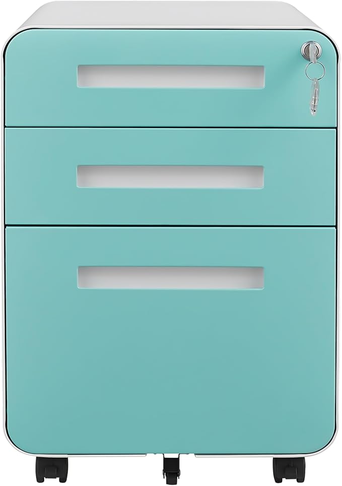 Secure 3-Drawer Metal File Cabinet with Lock – Fully Assembled Mobile Filing Cabinet for A4/Letter/Legal – Under Desk 5 Wheels Anti-Tilt Rolling Storage Organizer