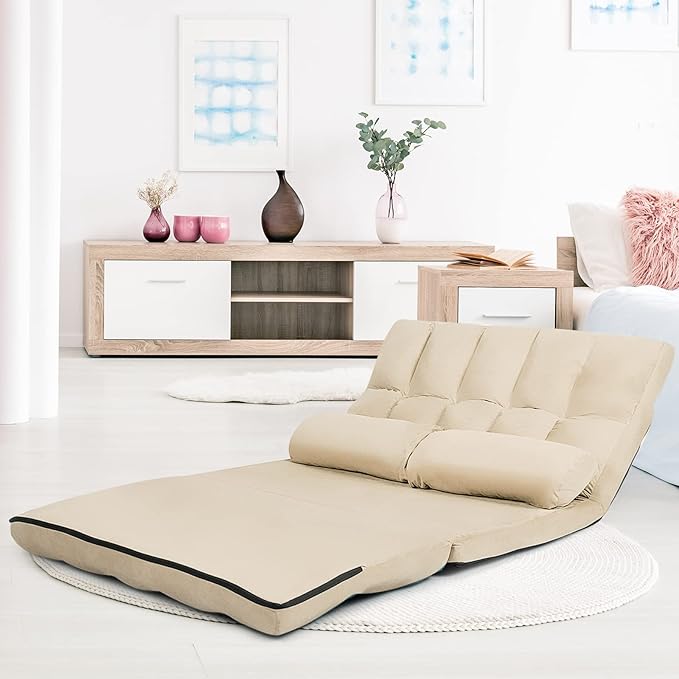 GOFLAME 6-Position Convertible Sofa Beige (Sponge High-Strength Steel Frame 330LBS Capacity Foldable Design for Easy Storage Modern Living Room)