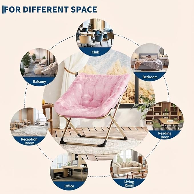 Collapsible Soft Faux Rabbit Fur Saucer Lounge Chair Comfy Lounge Lazy Chair Metal Frame Reading Chairs for Office Living Room Bedroom Small Spaces No Assembly Pink