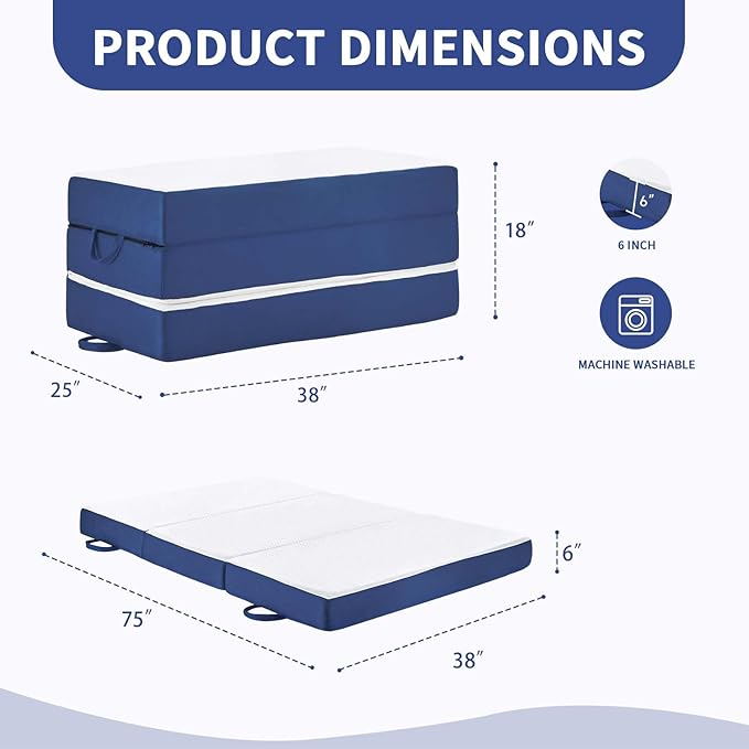 Folding Mattress Twin 6 Inch Memory Foam Tri-Fold Floor Bed and Futon  Twin Topper with Breathable &amp Washable Cover Supportive Foldable Mattress for Guest Bed Office NapCamping (38 x 75 x