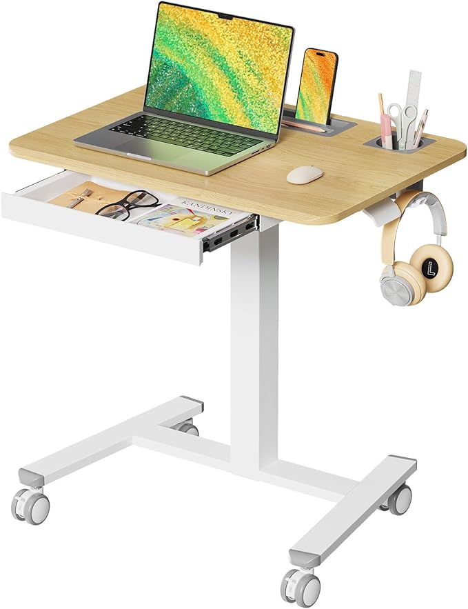 Mobile Standing Desk with Drawer 28 Rolling Desk with Cup Holder and Hooks Portable Laptop Workstation on Wheels Height Adjustable Cart with Storage for Home Office Maple