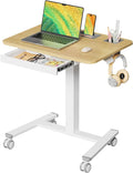 Mobile Standing Desk with Drawer 28 Rolling Desk with Cup Holder and Hooks Portable Laptop Workstation on Wheels Height Adjustable Cart with Storage for Home Office Maple