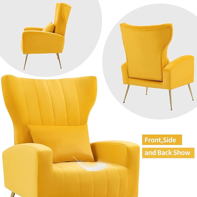 X-VOLSPORT Velvet Accent Chairs Set of 2 Mid Century Modern High Back Living Room Chair with Waist Pillow Upholstered Arm Chair with Metal Gold Legs for Bedroom Club Yellow