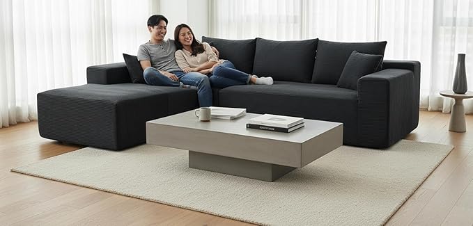 Ridge 2-Piece Convertible Corduroy L-Shaped Sofa in a Box with Pillows 3-Seater Modular Sectional Couch Compressed Living Room Furniture Black (Left Facing)