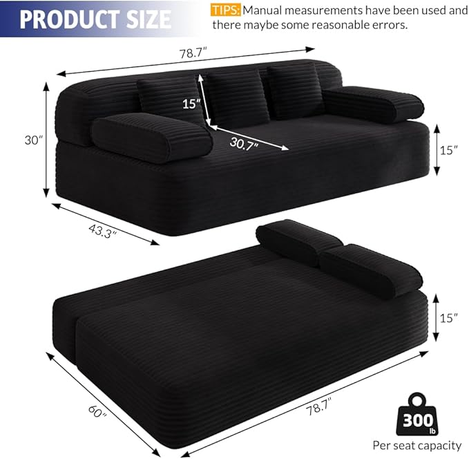 78.7 Queen Convertible Sofa Bed 2-in-1 Corduroy Folding Floor Couch with 3 Pillows Sleeper Sofa for Living Room and Bedroom No Assembly Required (Black)