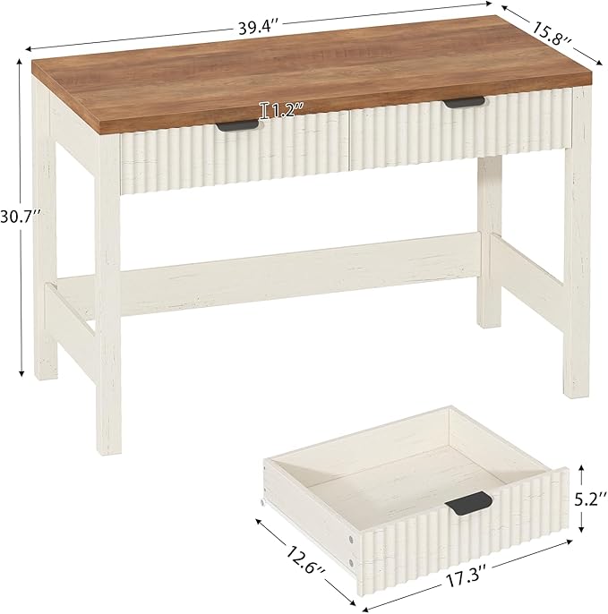 Fluted Computer Desk with 2 Drawers 39 Inch Small Computer Desk with Storage Compact Writing Study Vanity Desk for Small Spaces Antique White