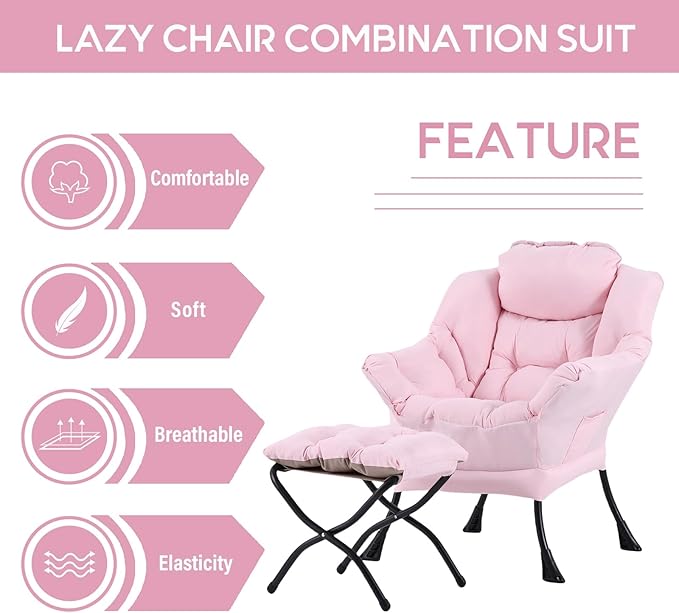 LITA Lazy Chair with Ottoman Modern Accent Leisure Upholstered Sofa Contemporary Lounge Reading Chair with Armrests and a Side Pocket for Living Room Bedroom &amp Small Space Pink