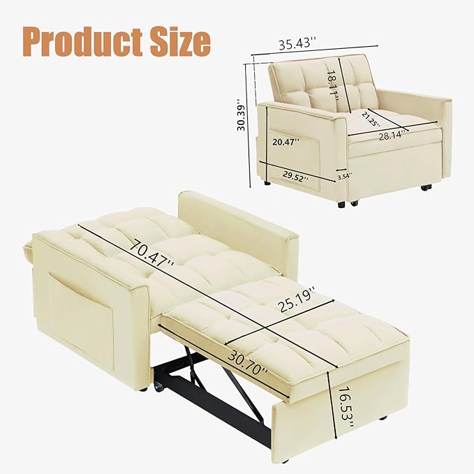 3 in 1 convertible Sleeper Sofa bed chair Modern Pull Out Couch Bed single recliner with adjustable back  Velvet Futon Folding Sofa Bed Chair for Living Room Bedroom small Spaces (Creamy White)
