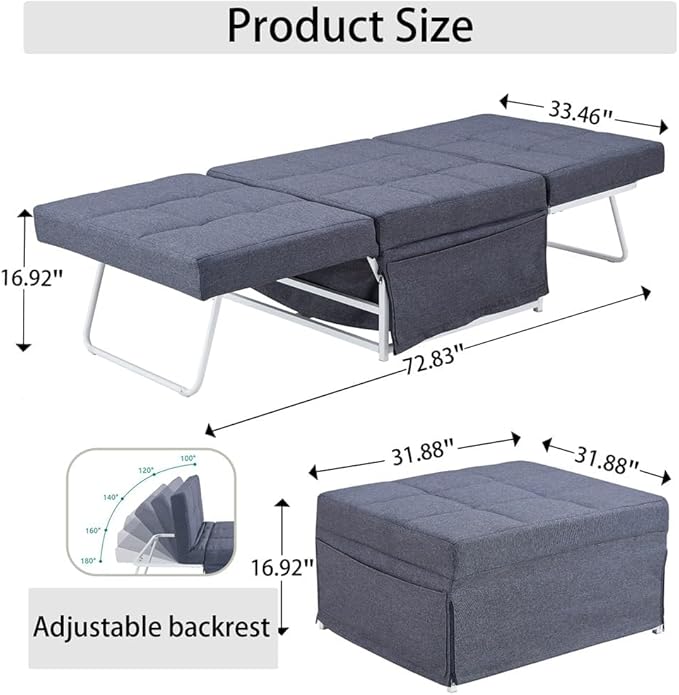 Sofa Bed 4 in 1 Multi-Function Folding Ottoman Couch Bed with Adjustable Backrest Modern Convertible Chair for Home Office Bedroom Living Room