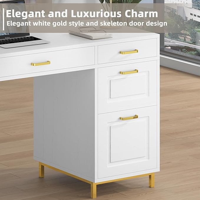 White and Gold Desk with 2 File Drawers 57 Inch Office Computer Desk with 7 Drawers White Desk with Storage Wooden Executive Desk for Office Workspace for Work Study Writing