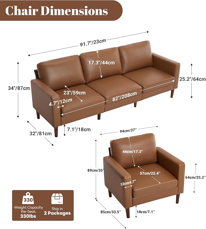 Kingfun 91.7 Faux Leather Sofa with Chair 3 Seater Couch Mid Century Modern Couches with Solid Wood Legs for Living Room &amp Bedroom Coffee