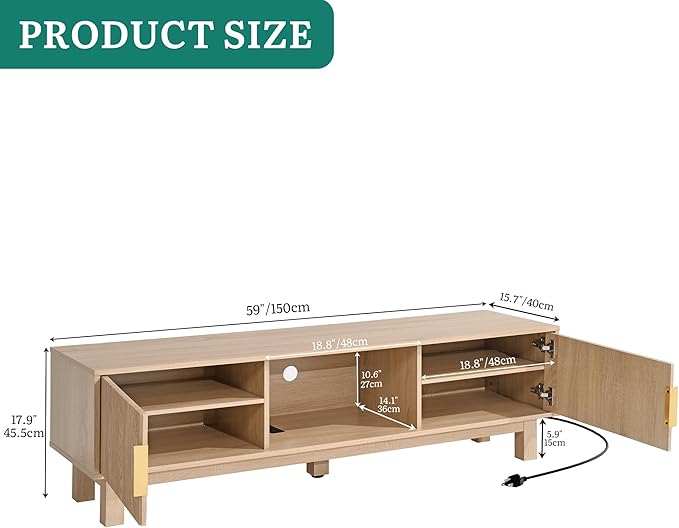 YITAHOME Fluted TV Stands for TVs up to 65 Inches Entertainment Center with Power Outlets &amp Storage Compartments 59 Long Wooden TV Console for Living Room (Natural 59)