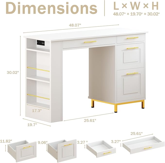 4 EVER WINNER White Desk with Drawers and Power Outlet 48 Inch Small Desks with Storage Golden Handle Girls Desk with 4 Storage Writing Table for Small Spaces White and Gold Desks