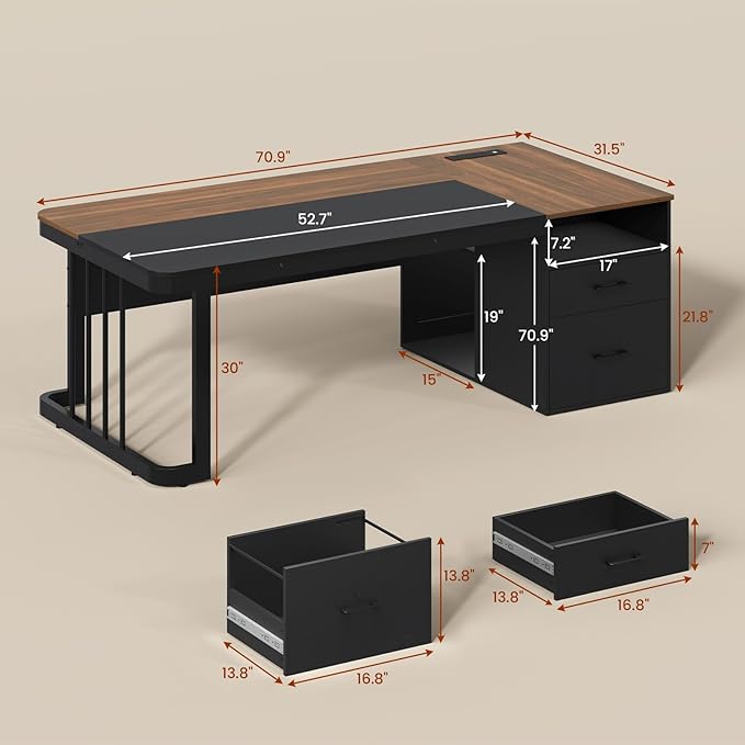 70.9 Executive Desk with Power Outlet Large Office Desk with Drawers &amp Lateral File Cabinet Long Computer Desk with Adjustable Storage Shelves Modern Workstation Business Furniture (Walnut)