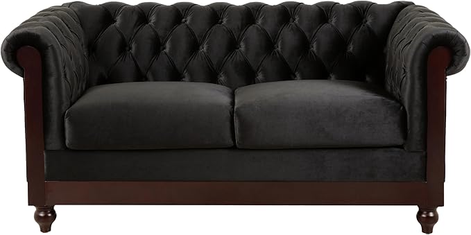 LUMISOL 59 Chesterfield Loveseat with Rolled Arms Modern Velvet Sofa 2-Seater Tufted Couch with Nailhead and Solid Wood Legs for Living Room Bedroom Office Black