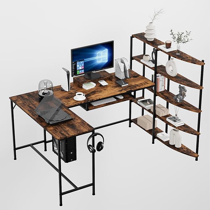 SUNLEI Home Office Desk 63 inch Writing &amp Gaming Workstation with 5 Tire Simple Assembly Steel Frame Rustic Brown