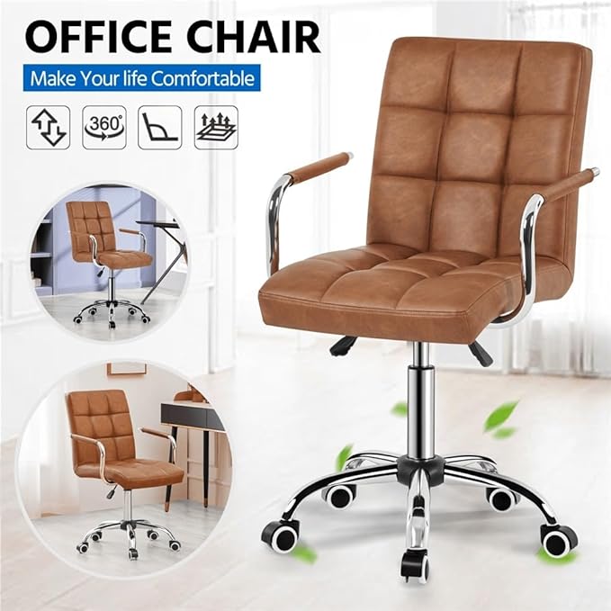 Butterslay Mid-Back PU Leather Office Chair with Armrests 360° Swivel Rolling Height Adjustable Desk Chair with Lumbar Support for Home Office Bedroom White/Pink/Brown/Retro Brown (Retro Brown)